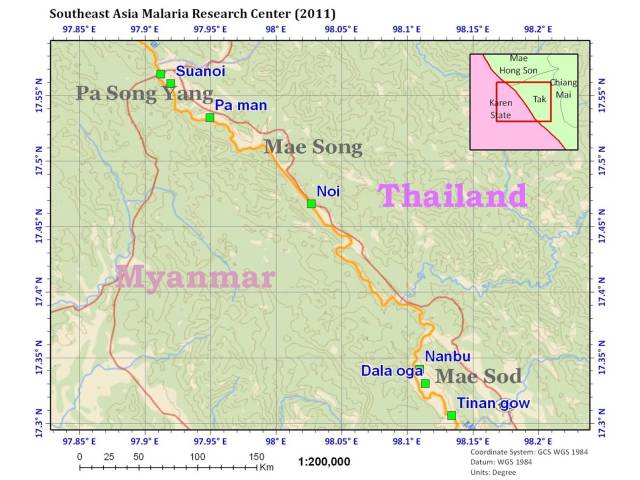 Distribution of study sites of active malaria surveillance (green square) and passive case detection (red dot) in Myanmar/Thailand border 